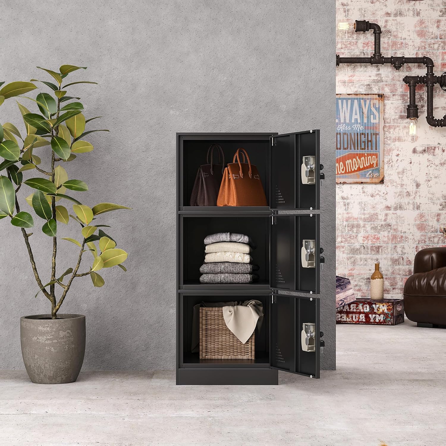 Metal Locker Storage Locker, 36" Lockable Lockers for Employees, Home, Office, School, Assemble Required (Black)