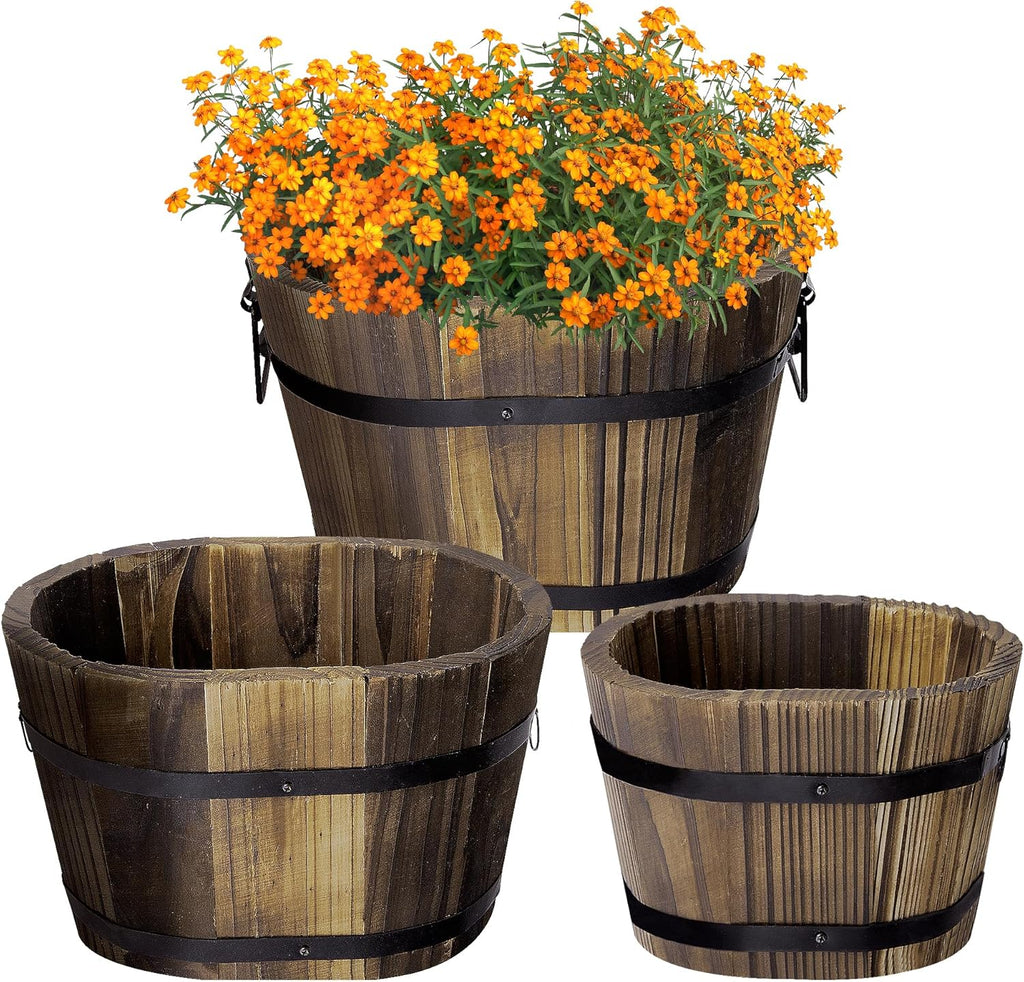Adnee 3 Pcs Wooden Whiskey Barrel Planters - 3 Sizes Wooden Bucket Barrel Garden Planters Set - Rustic Flower Planters Pots Container for Indoor Outdoor Garden Home Plants(5.3",7.3",8.3")