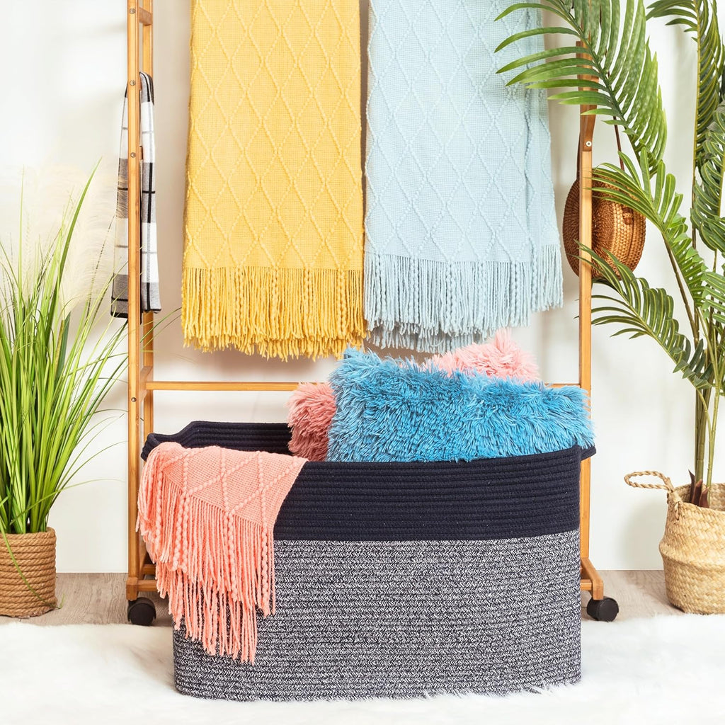 MINTWOOD Design 22in Extra Large Blanket Basket Holder for Living Room, Rectangle Rope Woven Storage Bin with Handles for Laundry, Pool Towels, and Shoes, Dog Toy Box Organizer, Navy Blue
