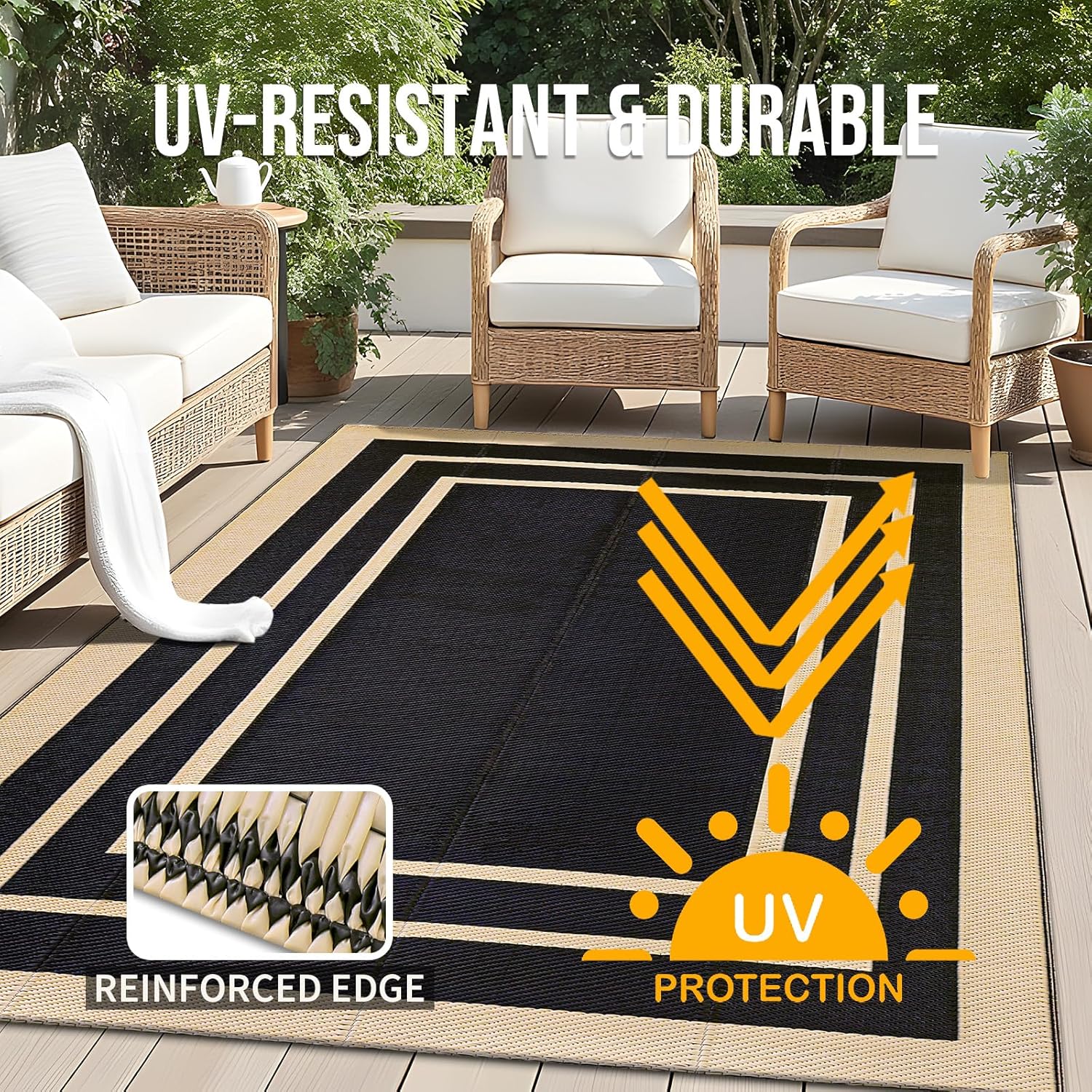 OLANLY Outdoor Rug 5x8 ft Waterproof, Reversible Outdoor Plastic Straw Rug, RV Mat, Indoor Outdoor Carpet Clearance for Patio, Camping, Balcony, Deck, Backyard, Black & Beige