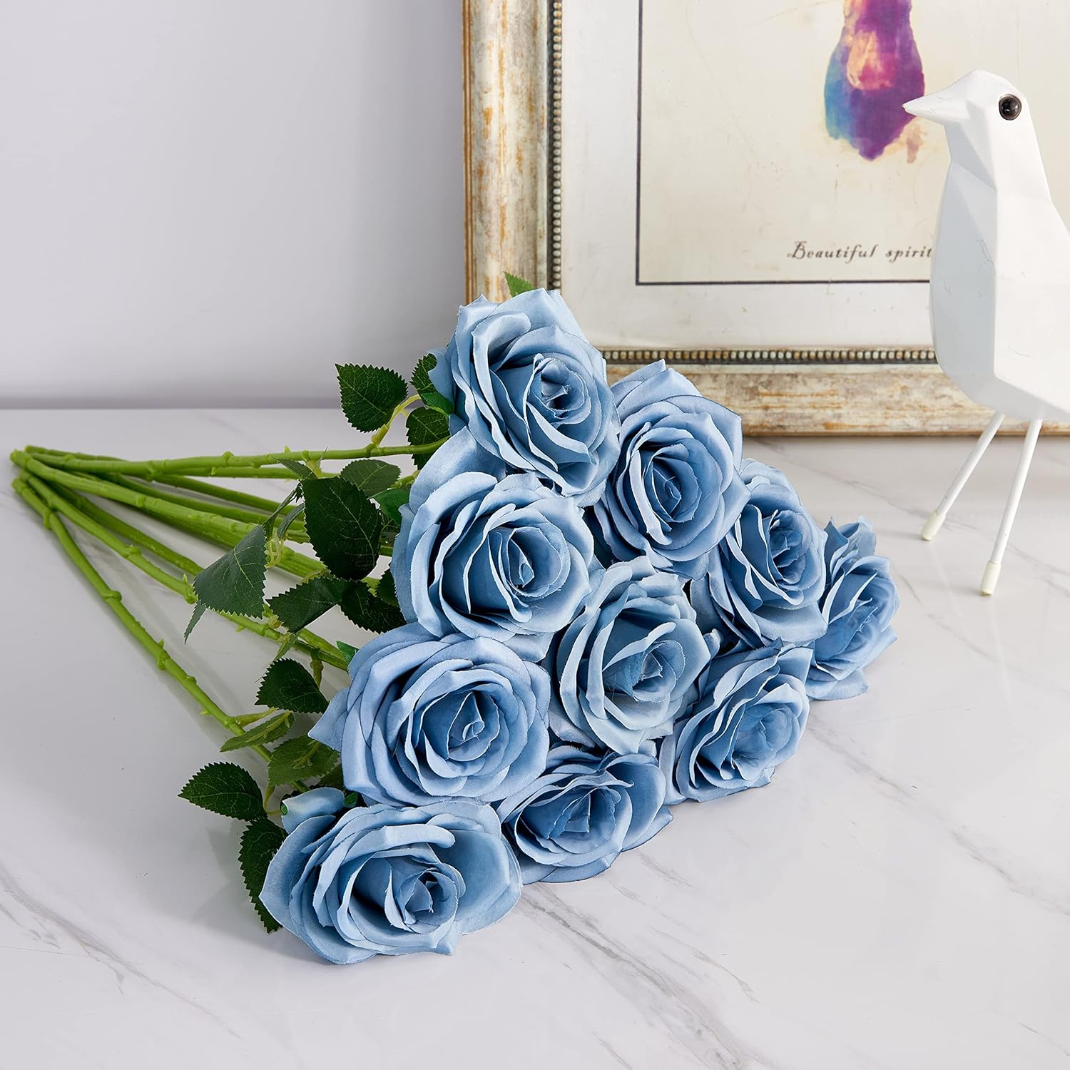 Artificial Rose 10pcs Open Flower Bouquet Faux Rose Stems for Wedding Arrangement, Bridal Bouquet, Centerpiece, Fake Faux Silk Flowers (Dusty Blue)