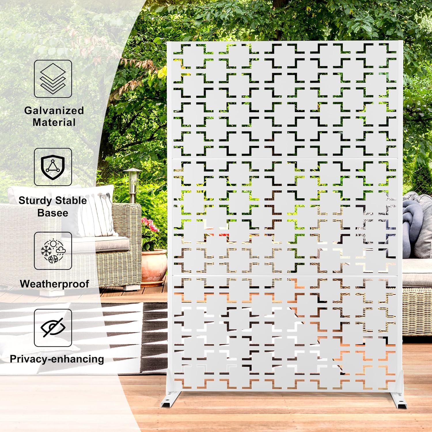 Metal Privacy Screen Outdoor 72" H×47" W,Freestanding Decorative Privacy Screen for Balcony Yard&Garden,Privacy Fence-White&Square