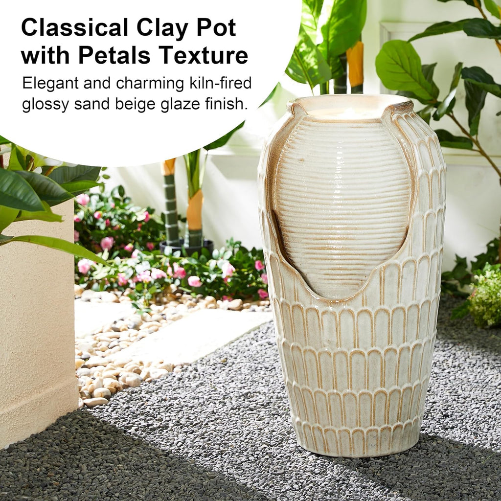 Glitzhome 28.25" H Oversized Ceramic Petals Textured Jar Outdoor Water Fountain, Vintage Sand Beige Glaze Vase Patio Garden Waterfall Fountain with LED Light and Submersible Pump