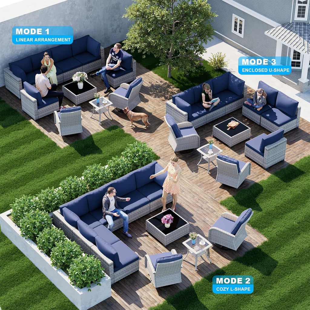 10-Piece Modern Patio Furniture Set with Swivel Chairs, Thick Cushions, Dual-Strand Wicker Rattan, Rust-Resistant Frame, Navy Blue