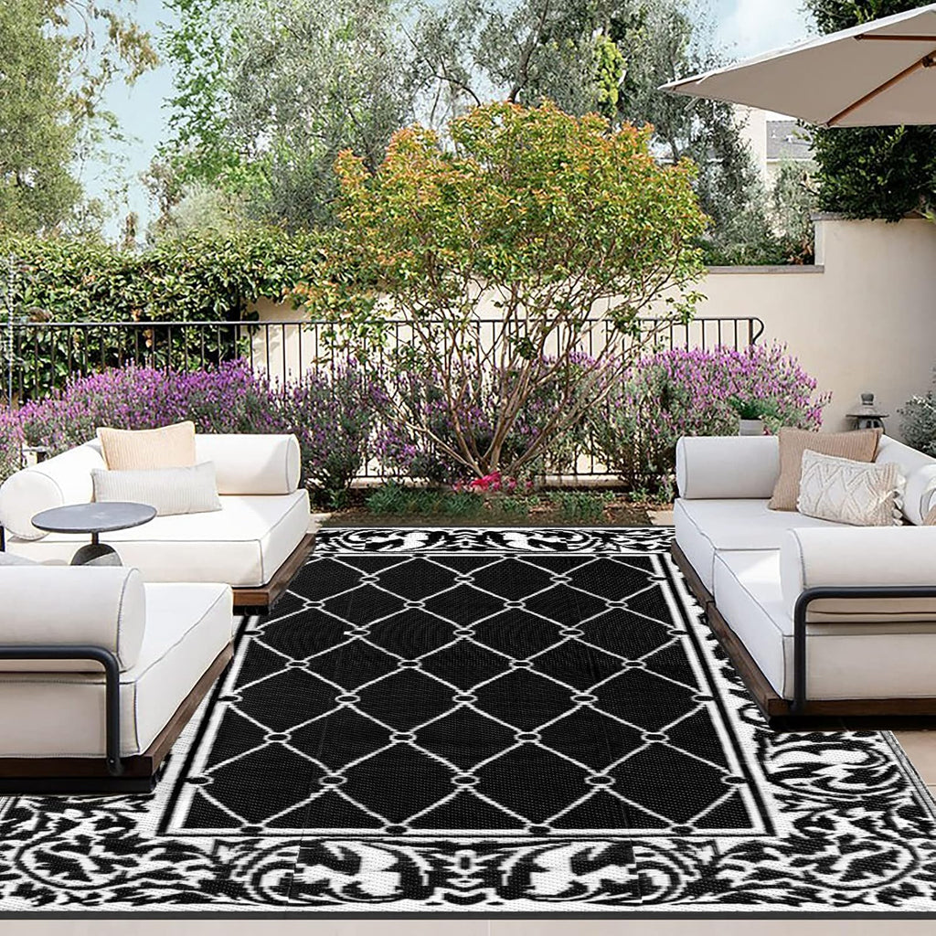 OutdoorLines Indoor Outdoor Rugs for Patio 5x8 ft - Reversible Outside Carpet, Stain & UV Resistant Portable RV Mats, Plastic Straw Rug for Camping, Pool Deck, Porch Rhombus Black & White