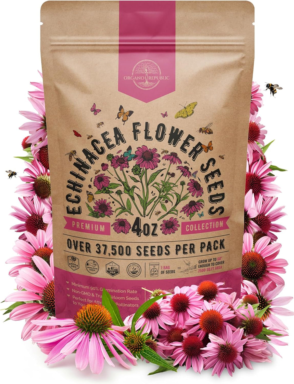 Organo Republic Echinacea Seeds Pack 4 oz - Over 37,500 Non-GMO Heirloom Echinacea Seeds for Planting, Perennial Flowers in Individual Packet, Coneflower for Planting Indoor & Outdoors