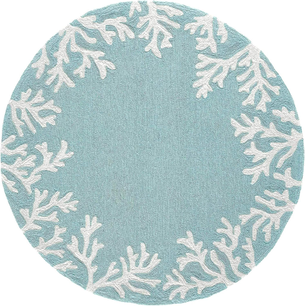 Liora Manne CAPRI Indoor/Outdoor Handmade Synthetic Blend Durable Area Rug - Traditional Border Coastal Beach Accent (Coral Border Aqua) (5' Round)