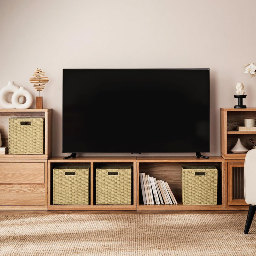 UBBCARE 4 Pack Wicker Basket, 11L×11H×10.5W inch Woven Paper Rope Storage Baskets for shelves, Foldable Cube Storage bin with Handle, Storage Basket for Organizing & Decor, Natural