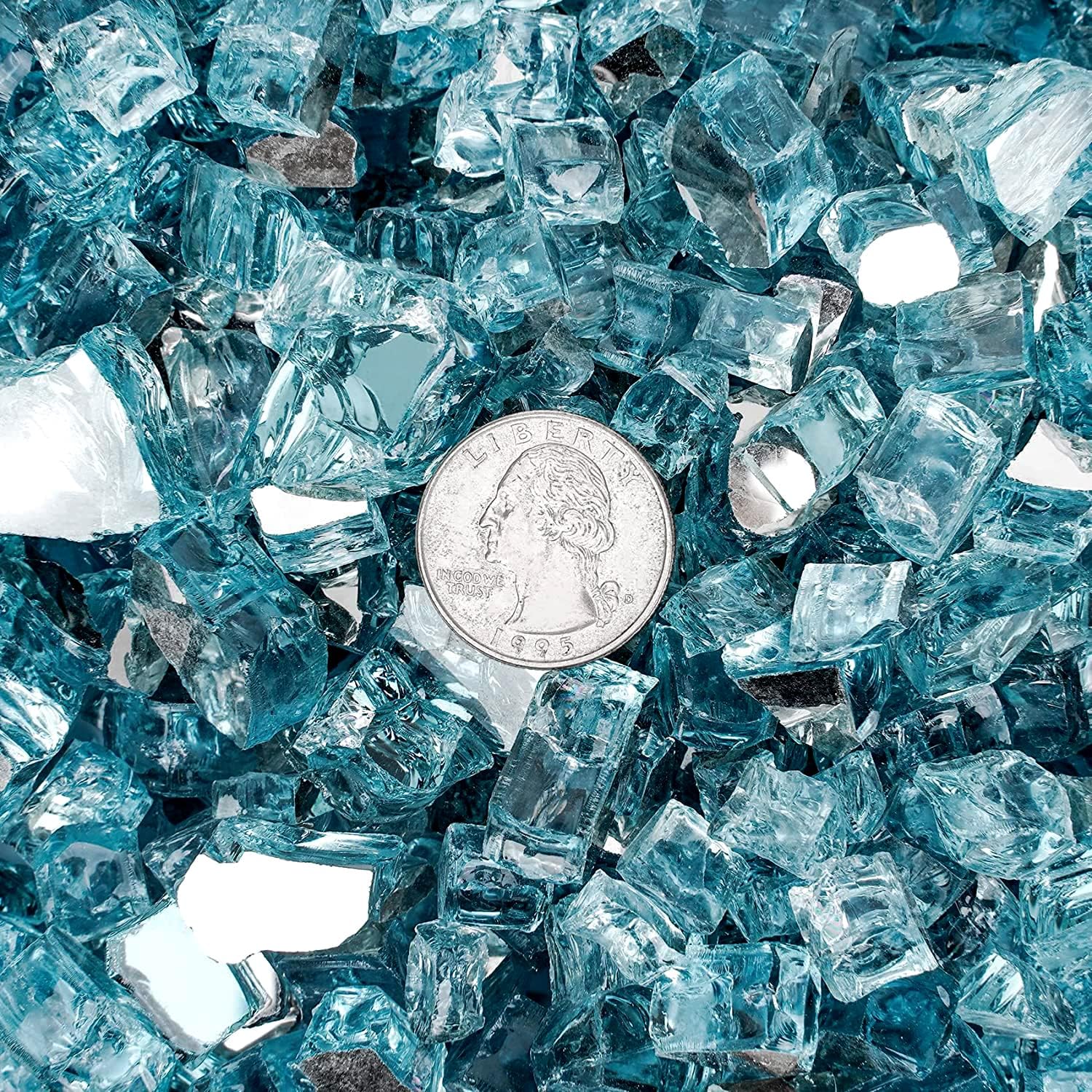Mr. Fireglass Reflective Fire Glass for Fireplace Fire Pit and Landscaping, 10 Pounds 1/2 inch High Luster Aqua Blue Fire Rocks for Outdoor and Indoor Use