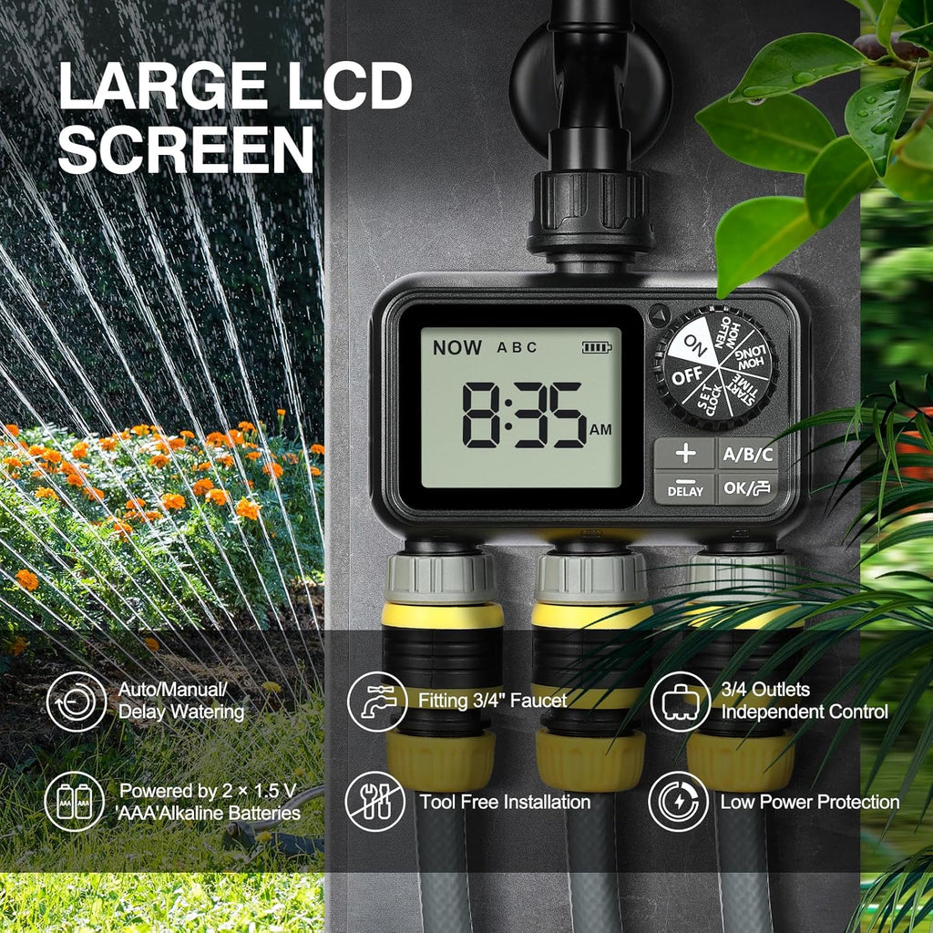 Sprinkler Timer,3 Outlets Programmable Water Timer with Brass Inlet for Garden Hose,Outdoor with Rain Delay/Manual/Automatic Watering System,Digital Irrigation Timers for Yard,Lawn