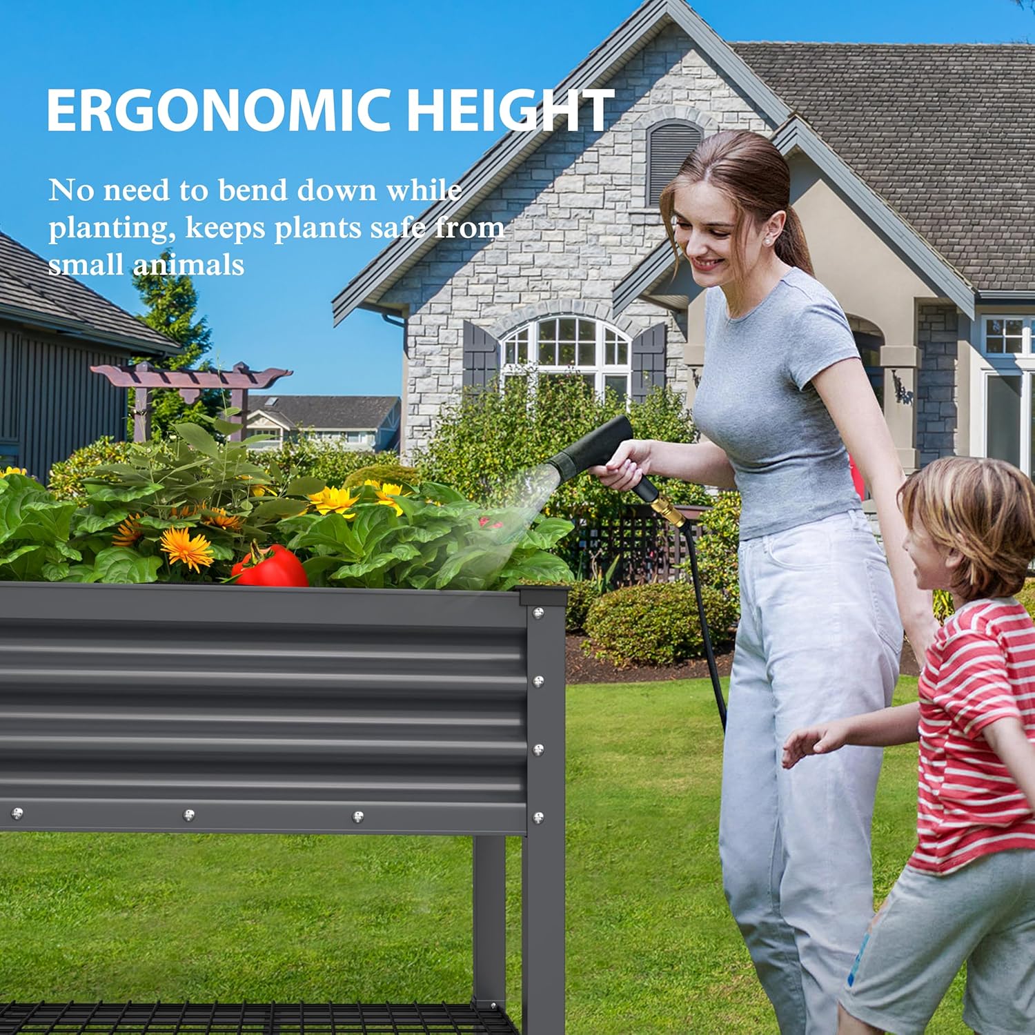 MUPATER Galvanized Steel Raised Garden Bed, 47.8" L x 23.5" W x 33.5" H Large Metal Elevated Raised Planter Box with Rolling Casters & Extra Bottom Shelf for Backyard, Patio, Balcony, Gray