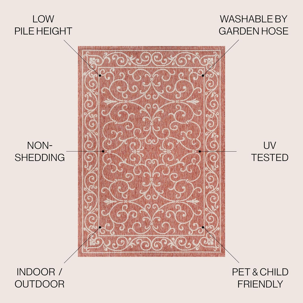JONATHAN Y SMB106B-9 Charleston Vintage Filigree Textured Weave Indoor Outdoor Area Rug Classic Coastal Easy Cleaning Bedroom Kitchen Backyard Patio Non Shedding, 9 X 12, Red/Beige