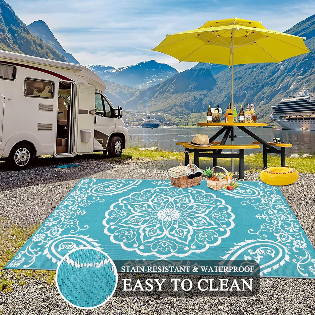 Pauwer Waterproof Outdoor Rug 5x8, Reversible Plastic Straw Patio Camping Rug, Indoor Outdoor RV Mat Carpet for Deck, Camper, Porch, Balcony, Backyard, Picnic, Boho Teal