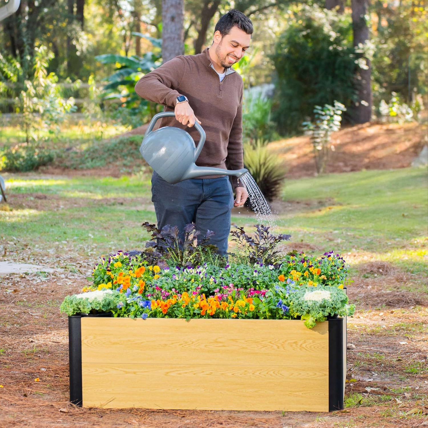 Woodgrain Series Raised Garden Bed, 4' x 4' Outdoor Wooden-Look Metal Planter Box for Gardening Vegetables Flowers Herbs