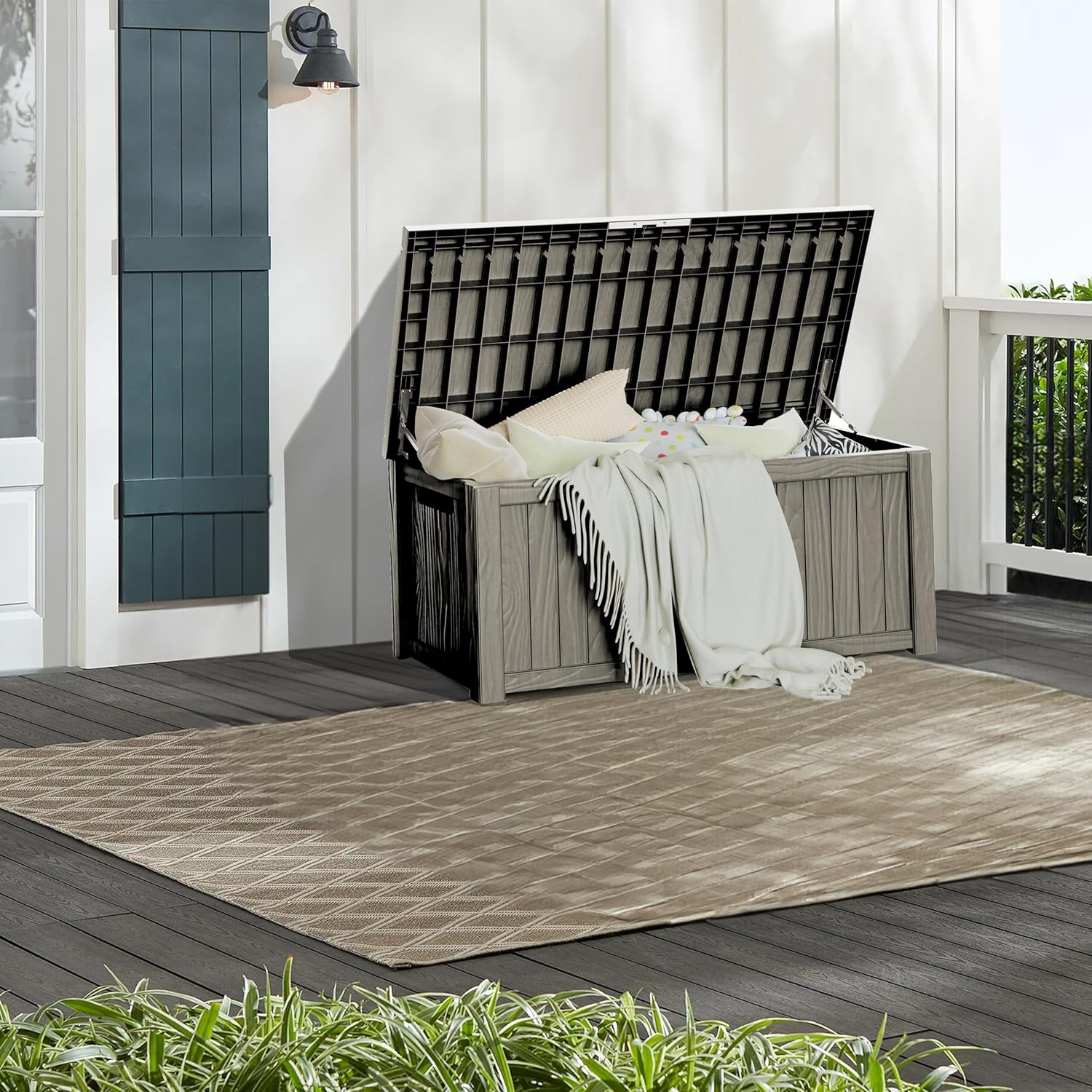 150 Gallon Waterproof Large Resin Deck Box Indoor/Outdoor Lockable Storage Container and Seating for Garden, Pool, and Patio (150 Gallon, Grey)