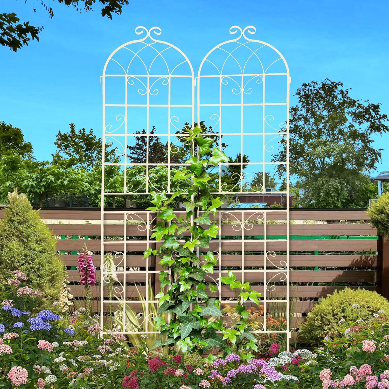 2 Pack Metal Garden Trellis 86.7" H Cream White Garden Fence Rustproof Trellis for Climbing Plants Support Roses Flower Outdoor Lawn, White Tall