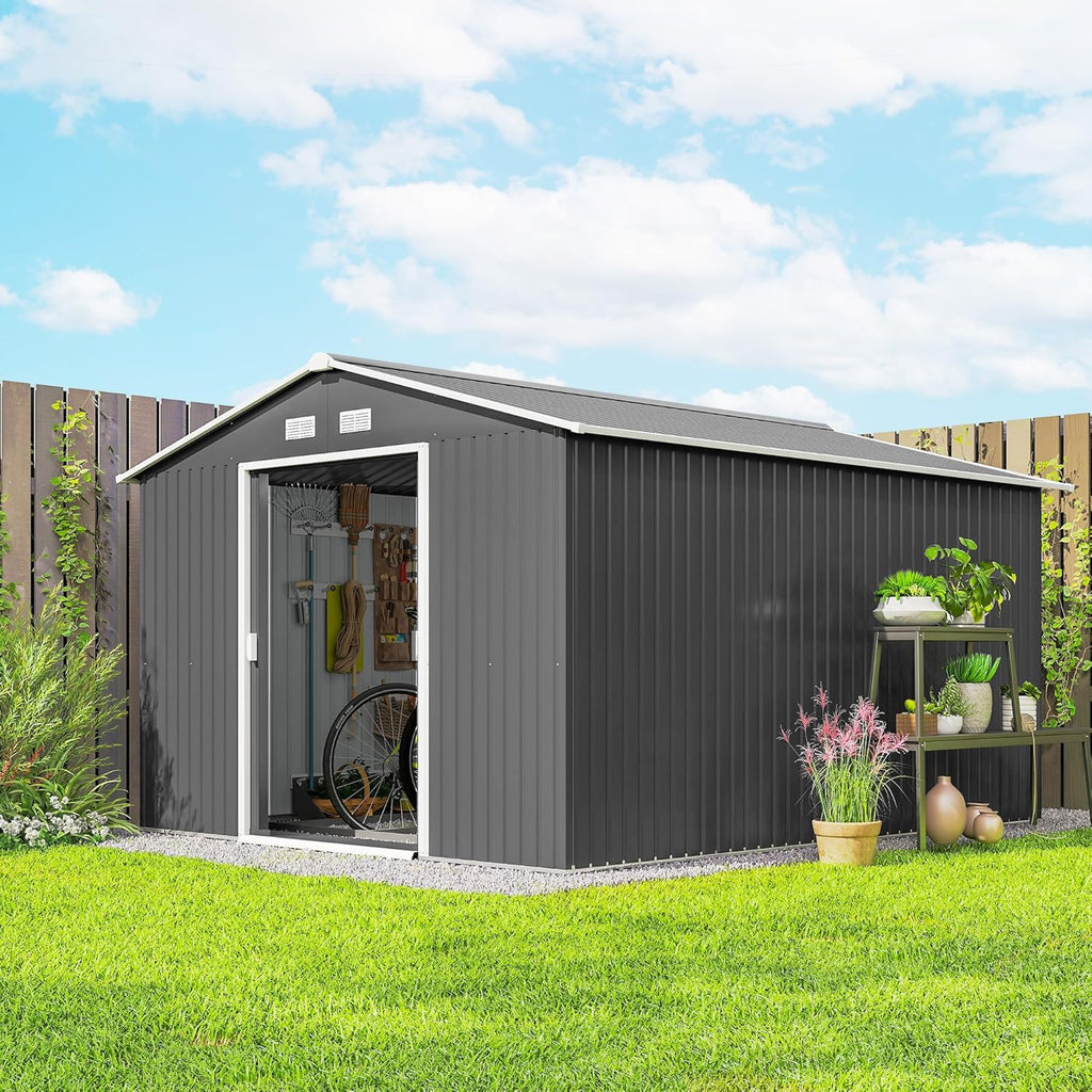 Outsunny 11' x 9' Outdoor Storage Shed, Garden Tool Metal Shed with Foundation Kit, Double Lockable Door, Air Vents and Sloping Roof, for Backyard, Patio, Lawn, Gray