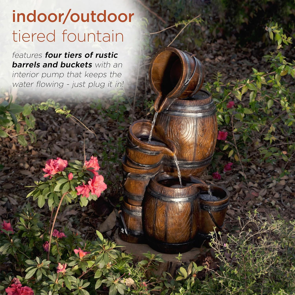 Alpine Corporation ZEN409S 24" Indoor/Outdoor Floor Tiered Barrels and Buckets Fountain, Rustic 4-Tier – Water Feature for Garden, Patio, and Home Décor, Brown