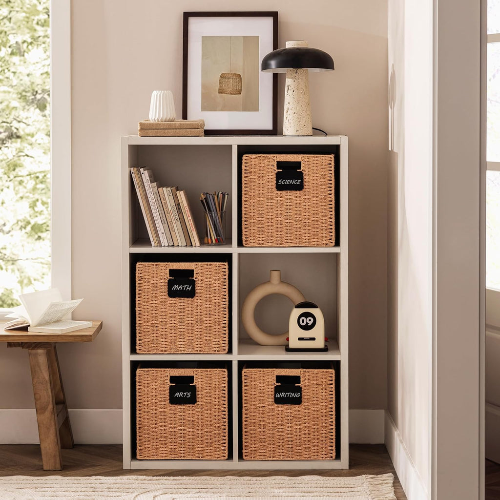 UBBCARE 4 Pack Wicker Basket, 10.5×10.5 Storage Cubes with Label, Foldable Cube Storage Bin with Handle, Square Storage Basket for Shelves, Woven Paper Rope Basket for Organizing, Caramel