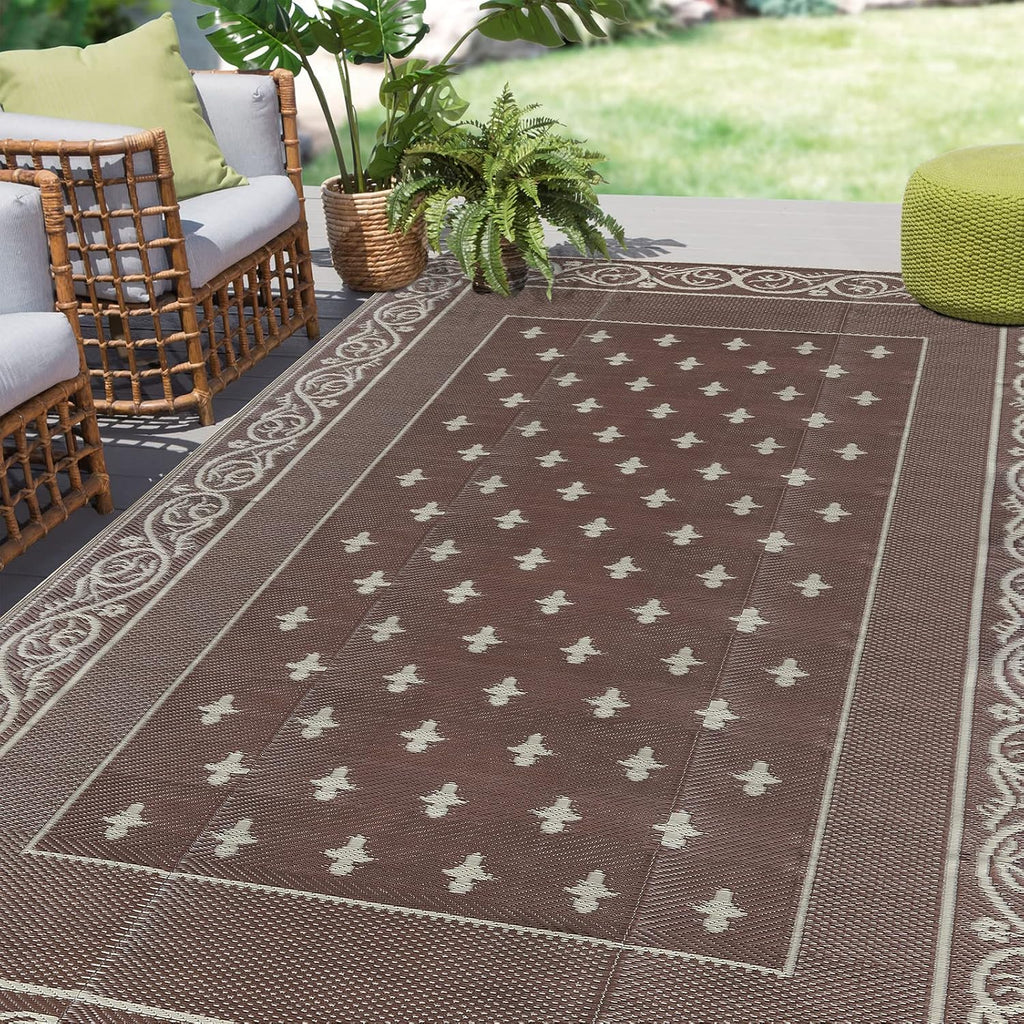 Pauwer Waterproof Outdoor Rug 6x9, Reversible Plastic Straw Patio Camping Rug, Indoor Outdoor RV Mat Carpet for Deck, Camper, Porch, Balcony, Backyard, Picnic, Bordered Brown