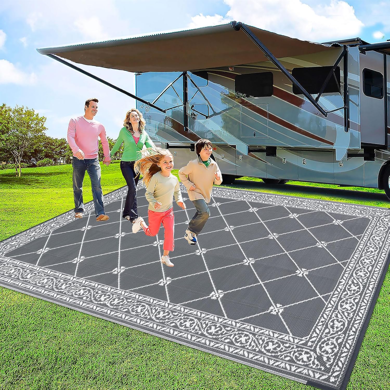 HiiARug Reversible Mat Plastic Outdoor Rugs for Patios Clearance Waterproof Plastic Straw Rug Large Area Rug for Outdoor, Porch, Patio, RV,Camping,5x7Ft, Grey