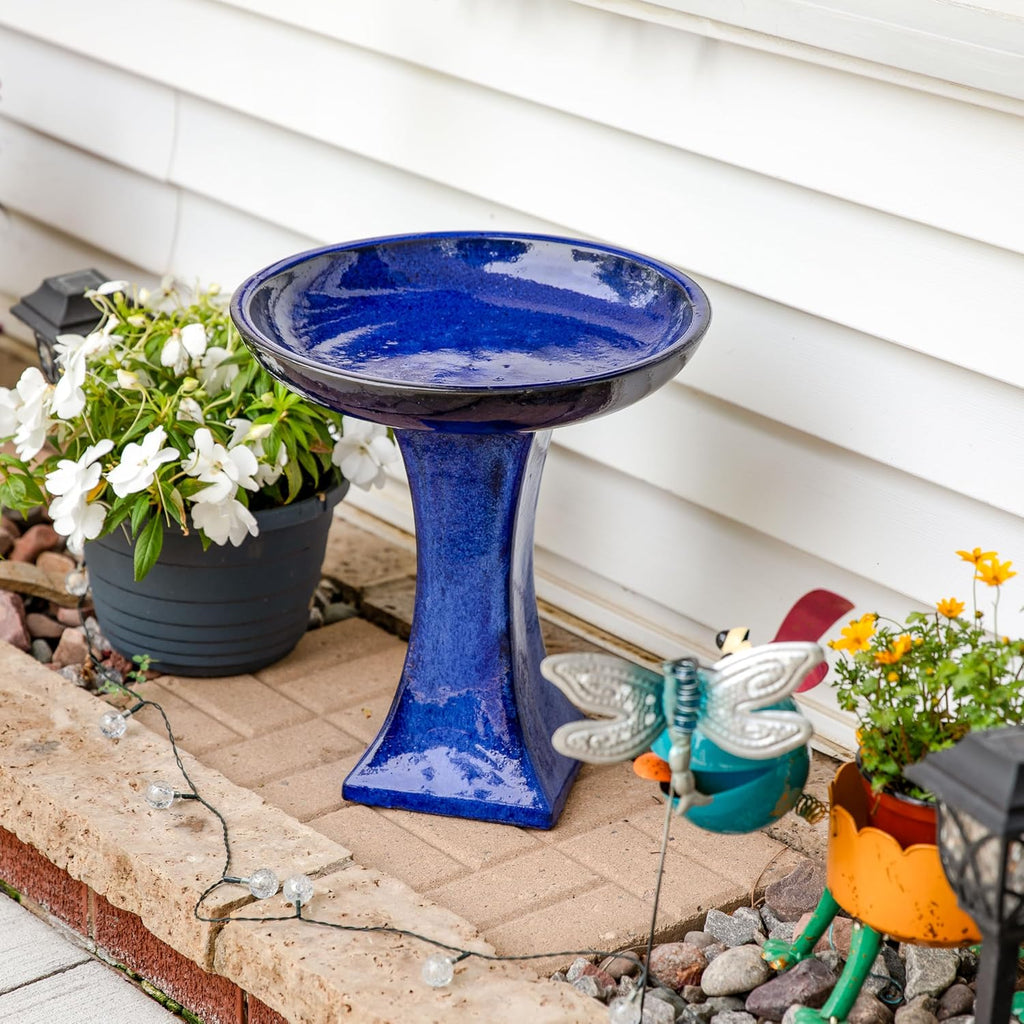 Sunnydaze Ceramic Bird Bath for Outside - 16" H - UV- and Frost-Resistant - Pedestal Bird Bath - Blue Glazed Bowl - Blue Glaze Finish