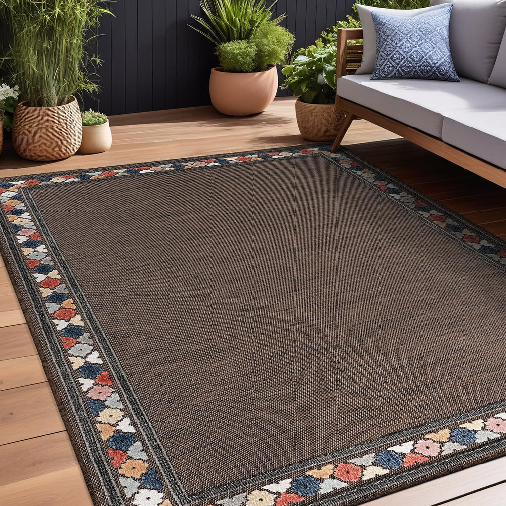 Beverly Rug Outdoor Rug 5x7 Modern Bordered Area Rugs for Indoor and Outdoor Patio Easy to Clean Non Shedding Living Room Porch Garden Washable Outside Carpet (5 x 7 Brown)