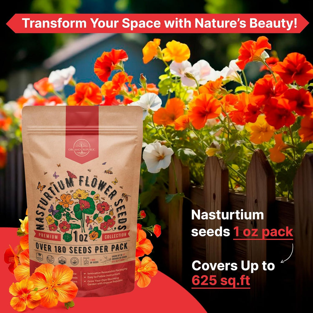 Nasturtium Seeds Pack 1 oz - Non-GMO Heirloom Flower Seeds for Planting, Edible Flowers in Individual Seed Packet, Nasturtium Seed for Planting Home Garden Indoor & Outdoor Gardening