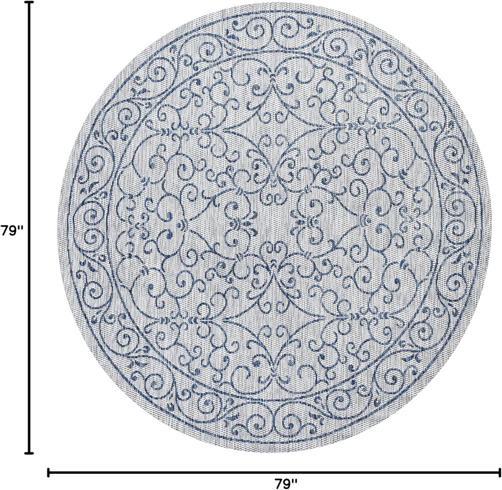 JONATHAN Y SMB106C-6R Charleston Vintage Filigree Textured Weave Gray/Navy 6' Round Indoor/Outdoor Area Rug, Pet Friendly, Non-Shedding, Stain Resistant, Easy-Cleaning for Backyard, Patio, Porch