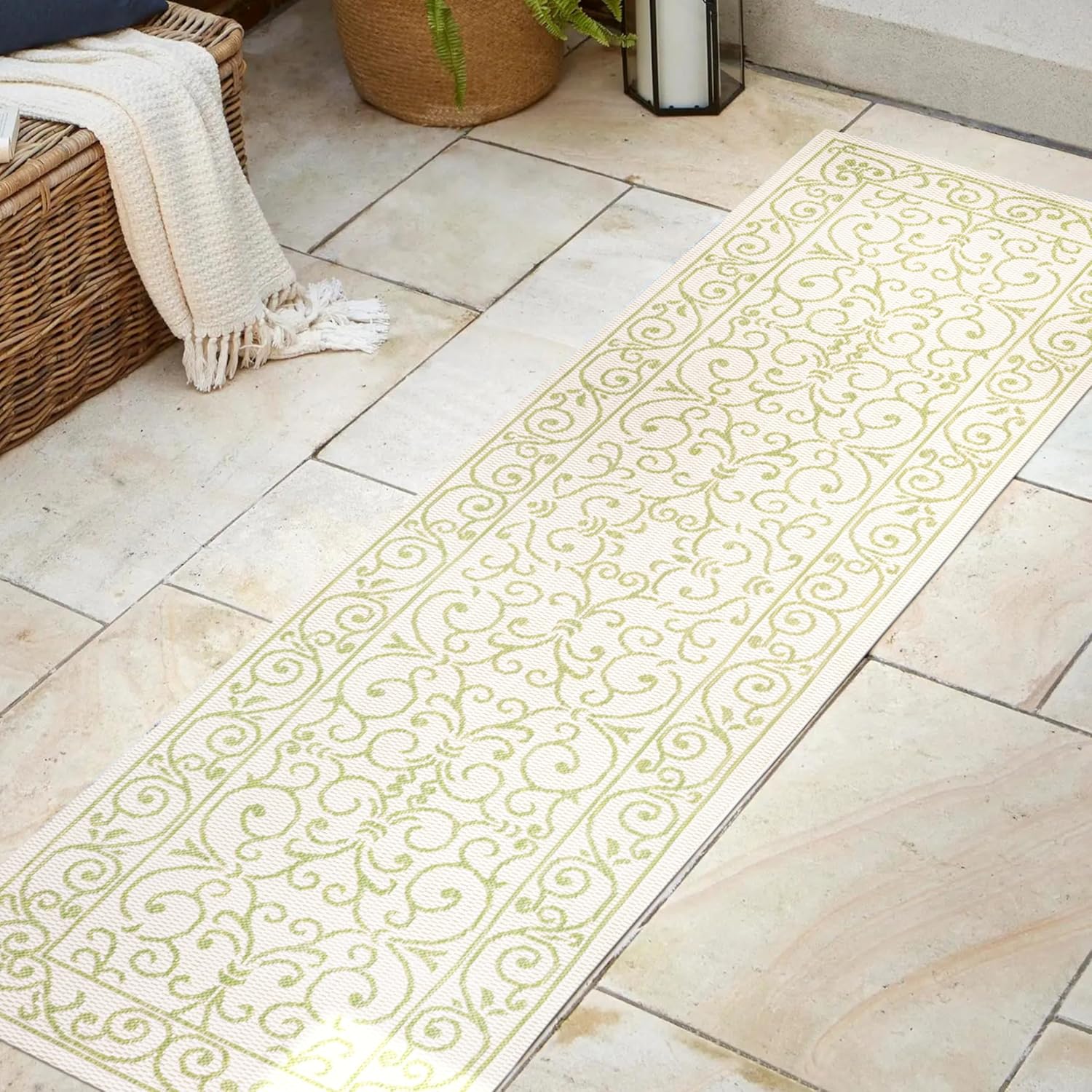 JONATHAN Y SMB106I-28 Charleston Vintage Filigree Textured Weave Indoor Outdoor Runner Rug, Bohemian Coastal Traditional Easy Cleaning,Bedroom,Kitchen,Backyard,Patio,Non Shedding, 2 X 8, Cream/Green