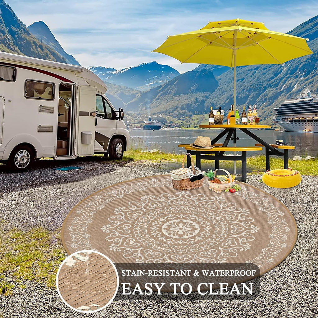 Pauwer Waterproof Outdoor Rug 6ft, Reversible Plastic Straw Patio Camping Rug, Indoor Outdoor RV Mat Carpet for Deck, Camper, Porch, Balcony, Backyard, Picnic, Floral Brown