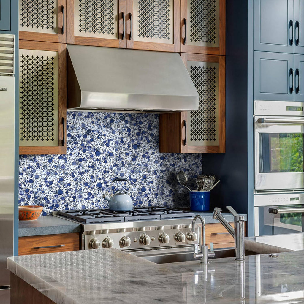 Blujellyfish Blue & White Pebble Tile Porcelain Mosaic Tiles for Art Deco (Pack of 5)