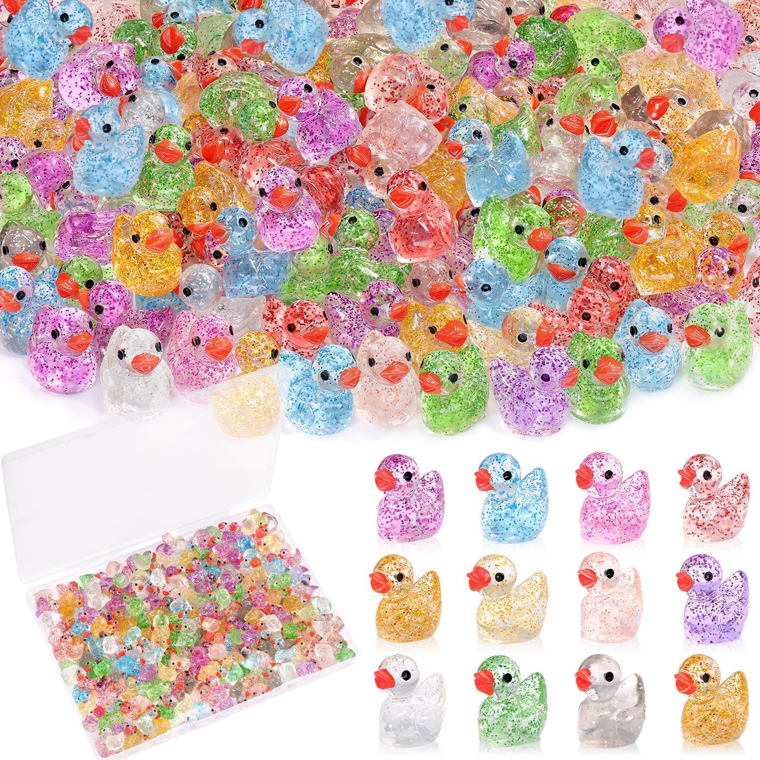 120PCS Mini Resin Animals Cute Colorful Glitter Tiny Ducks, Miniature Figures to Hide, Little Animal Toys Accessories Bulk for Topper Garden Dollhouse Landscape Aquarium Ornaments DIY Crafts & Decor