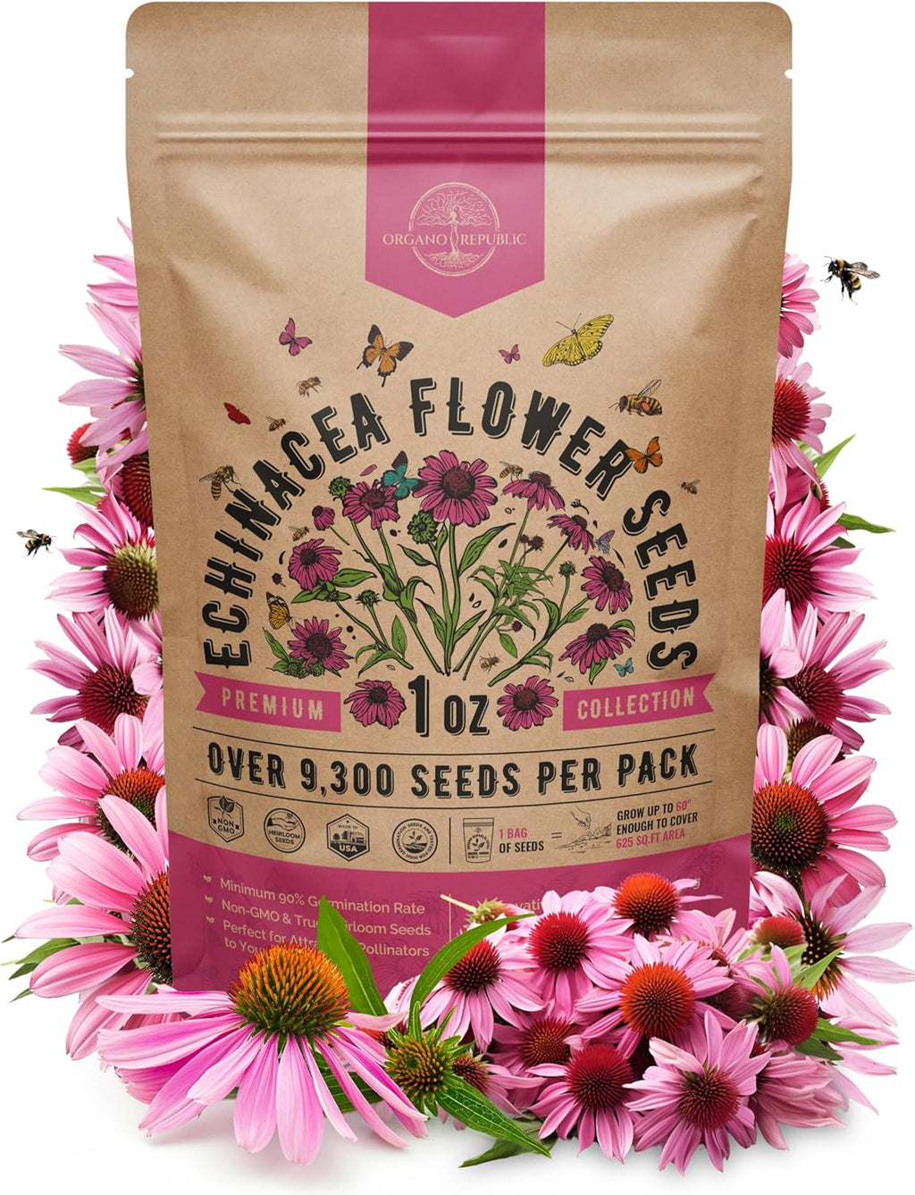 Organo Republic Echinacea Seeds Pack 1 oz - Over 9,300 Non-GMO Heirloom Echinacea Seeds for Planting, Perennial Flowers in Individual Packet, Coneflower for Planting Indoor & Outdoor Garden
