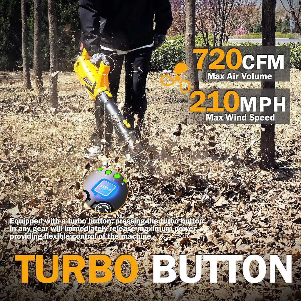 Leaf Blower Cordless,720CFM 210MPH Electric Blower with 2 x 21V 6.0Ah Battery and Charger, 5-Variable Speed & Turbo Mode, Blowers for Lawn Care (E 5003) (Black Yellow)