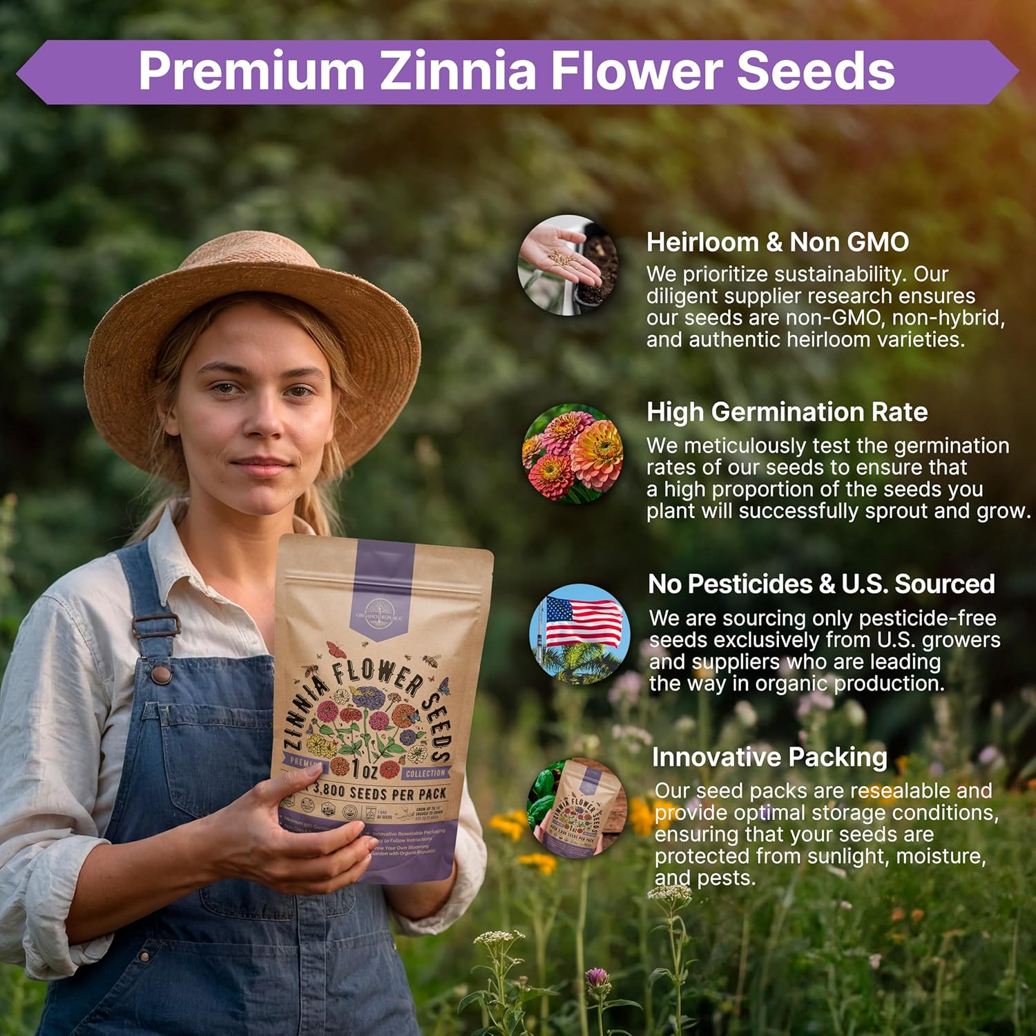 Zinnia Seeds Pack 1 oz - Over 3,800 Non-GMO Heirloom Zinnia Seeds for Planting, Annual Flowers in Individual Seed Packet, Flower Seed for Planting Home Garden Indoor & Outdoor Gardening