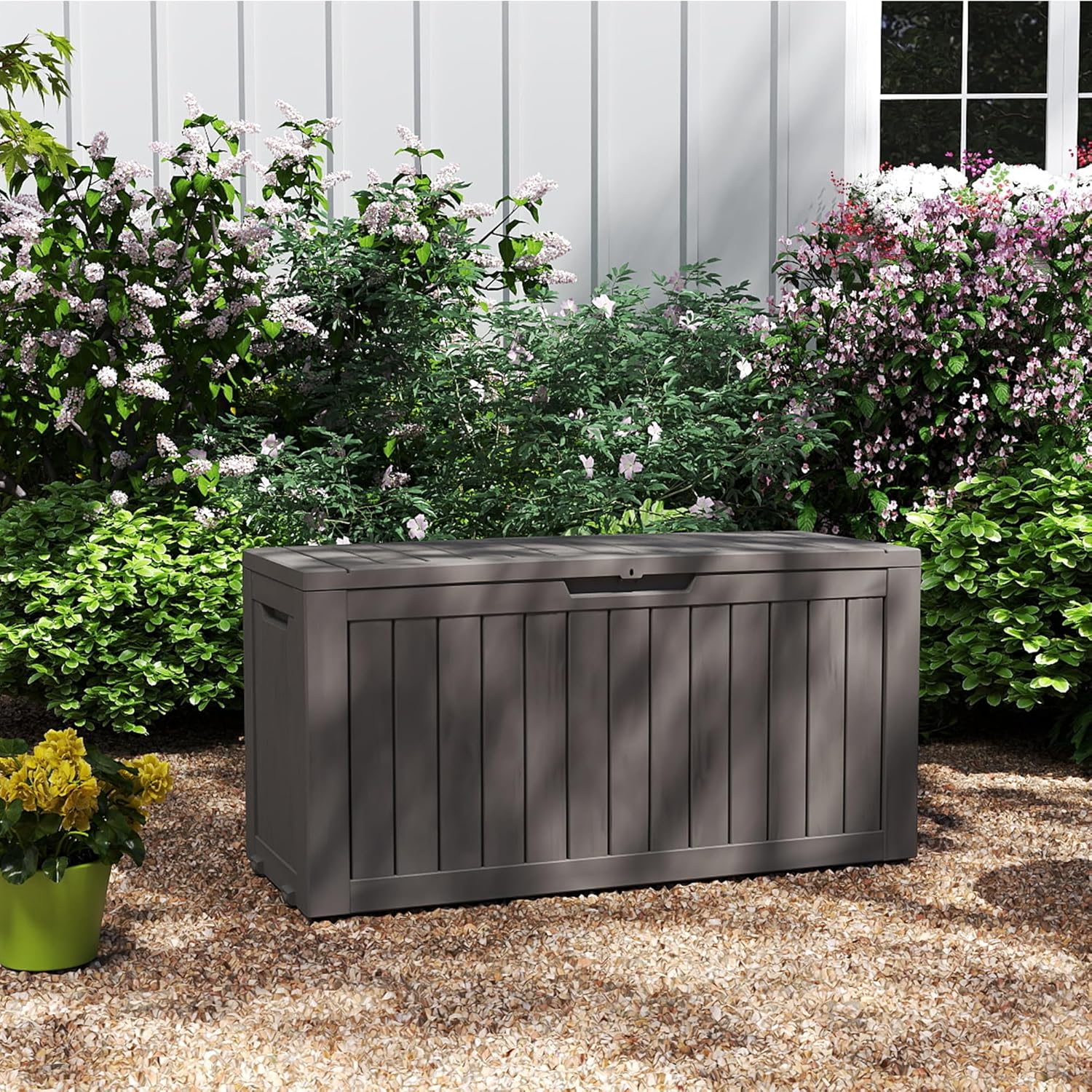 80 Gallon Coffee Resin Deck Box - Rustic Outdoor Storage for Garden Tools, Patio Essentials & Package Delivery - Weatherproof, Lockable for Farmhouse Decks