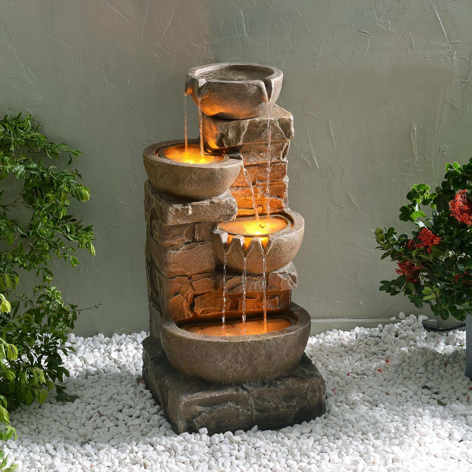 Teamson Home 33.27" Outdoor Freestanding Water Fountain with LED Lights, Cascading Bowls & Stacked Stones, Floor Fountain for Patio, Garden, Balcony, Lawn, Yard Decor, Brown Polyresin