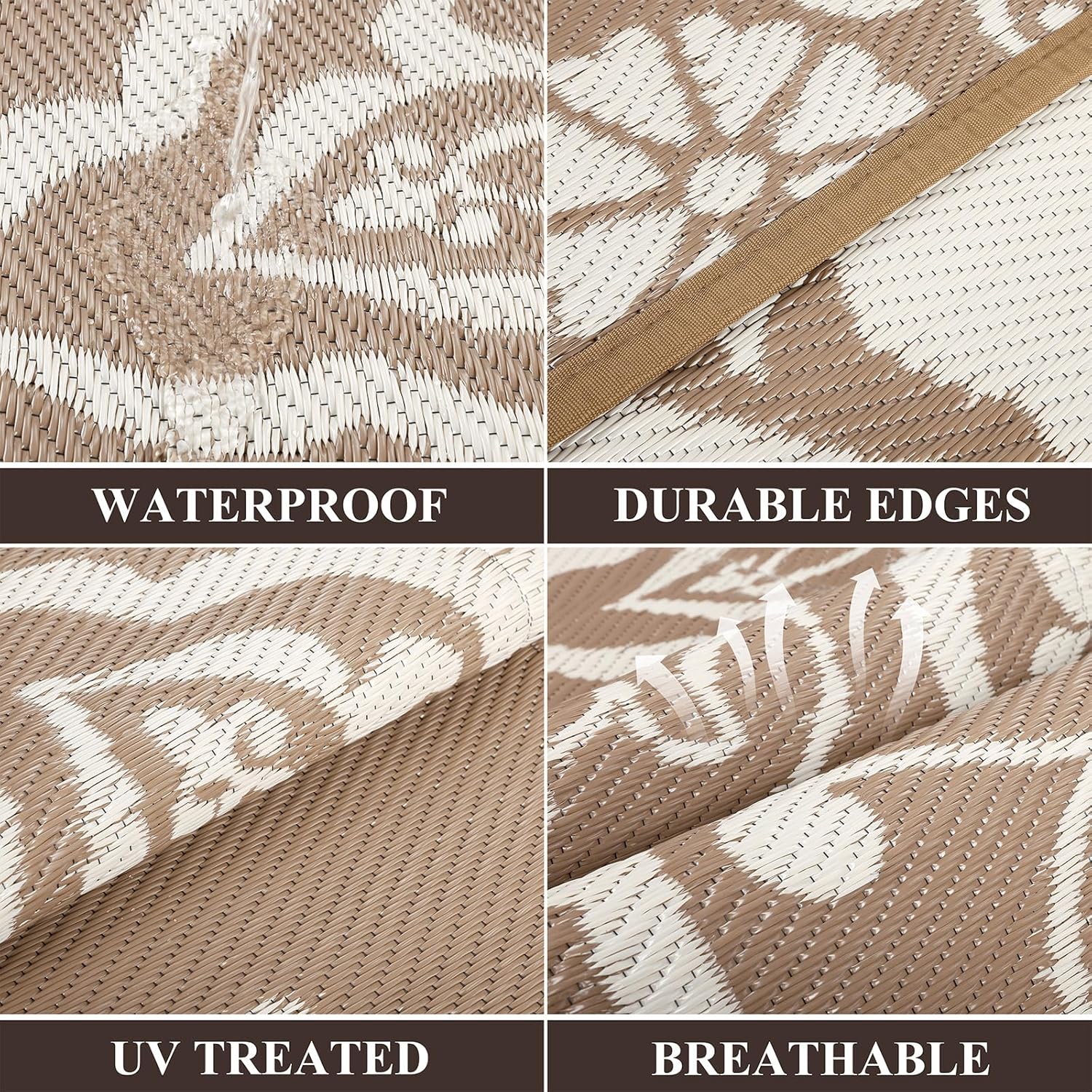 Pauwer Waterproof Outdoor Rug 6x9, Reversible Plastic Straw Patio Camping Rug, Indoor Outdoor RV Mat Carpet for Deck, Camper, Porch, Balcony, Backyard, Picnic, Boho Brown