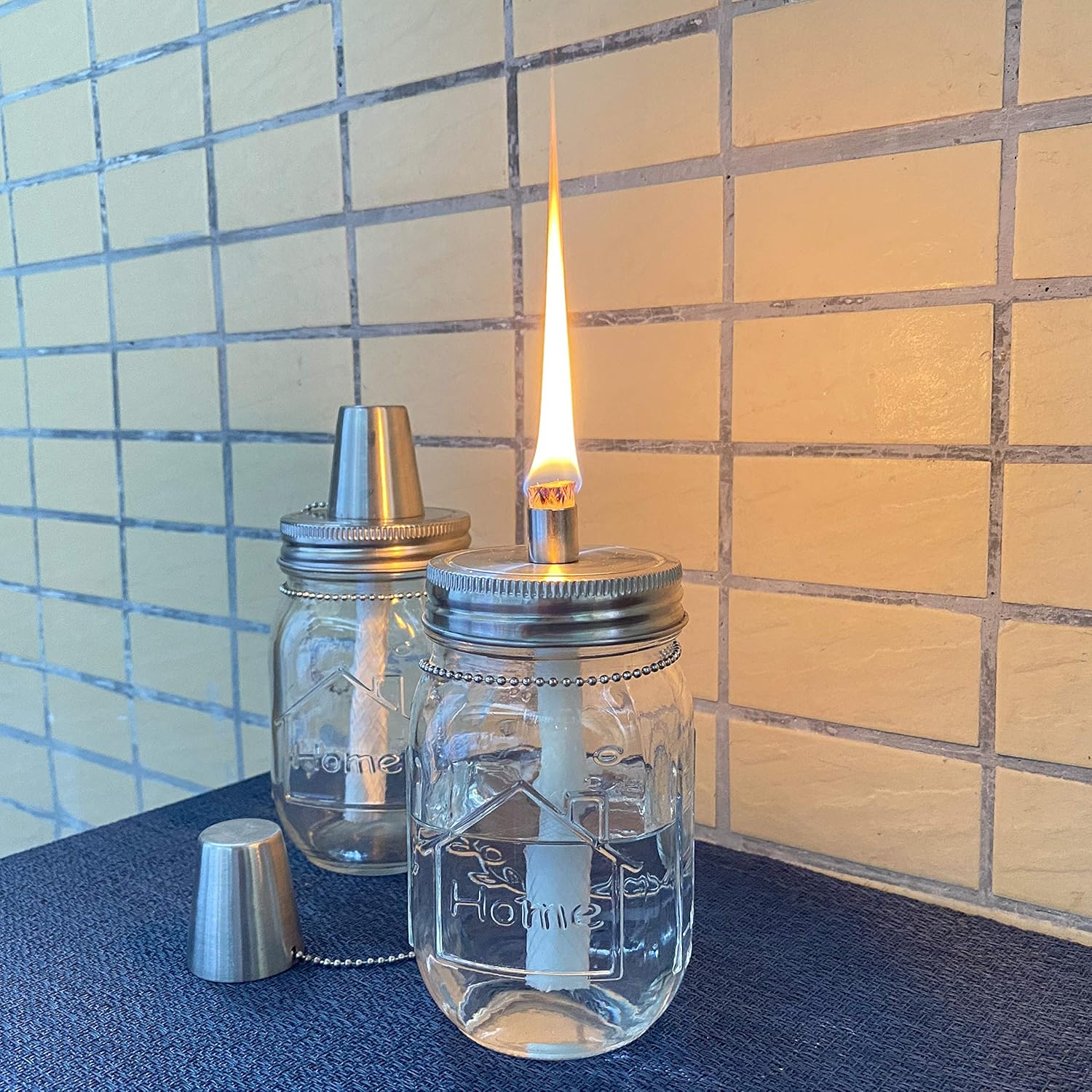 Mason Jar Tabletop Torch Kits,4 Pack Longlife Fiberglass Wicks,Stainless Steel Mason Jar Lids Caps Included,Outdoor Deck Oil Lamp Torch