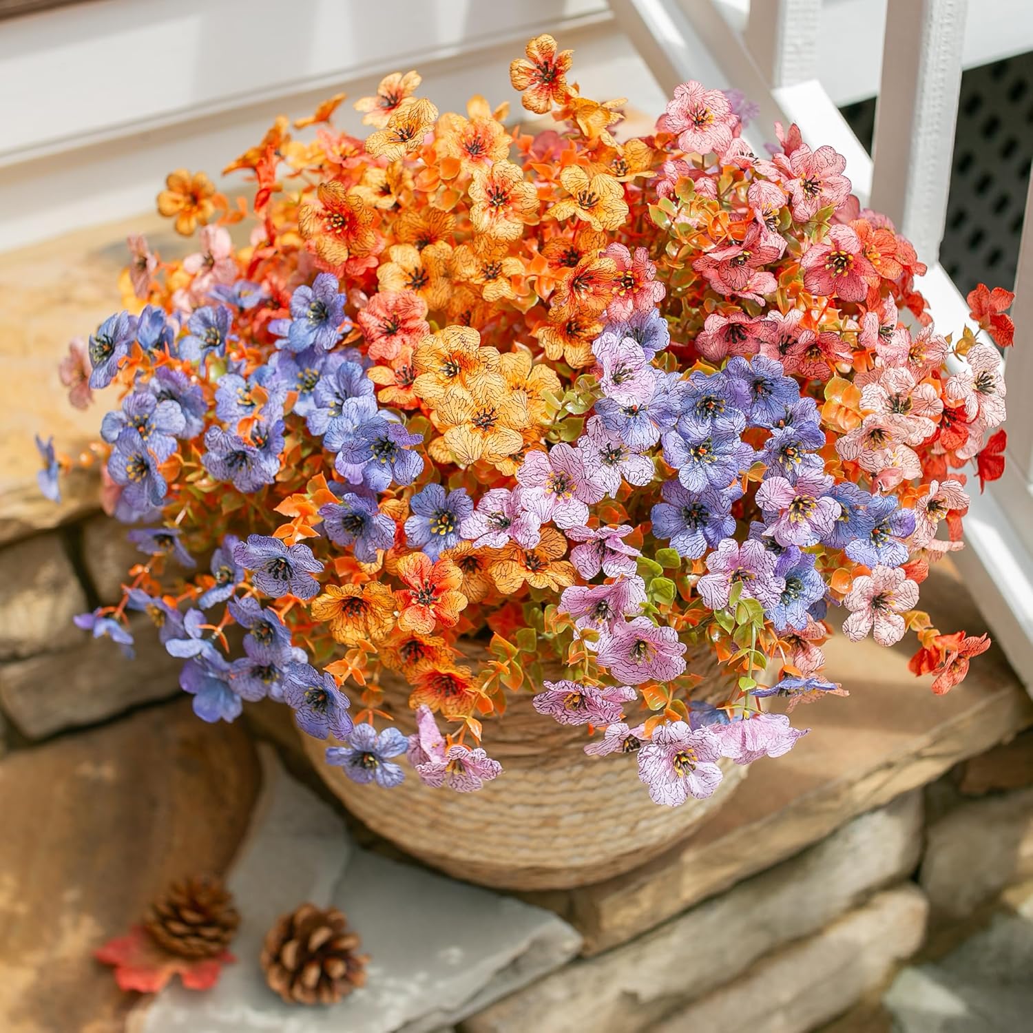 Artificial Fall Flowers Faux Mums for Outdoor Indoor Garden Home Decoration, Faux Flower Daisy with Eucalyptus Leaves Fake Plants Greenery Boxwood Porch Patio, 12 Bundles (6 Fall Multicolor)