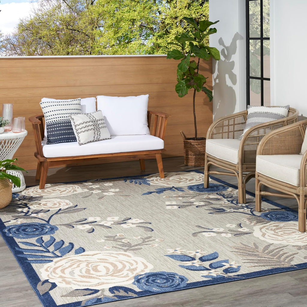 Nourison Home Aloha Indoor/Outdoor Modern Blue/Grey 6' x 9' Area Rug, Easy Cleaning, Non Shedding, Bed Room, Living Room, Dining Room, Kitchen (6x9)
