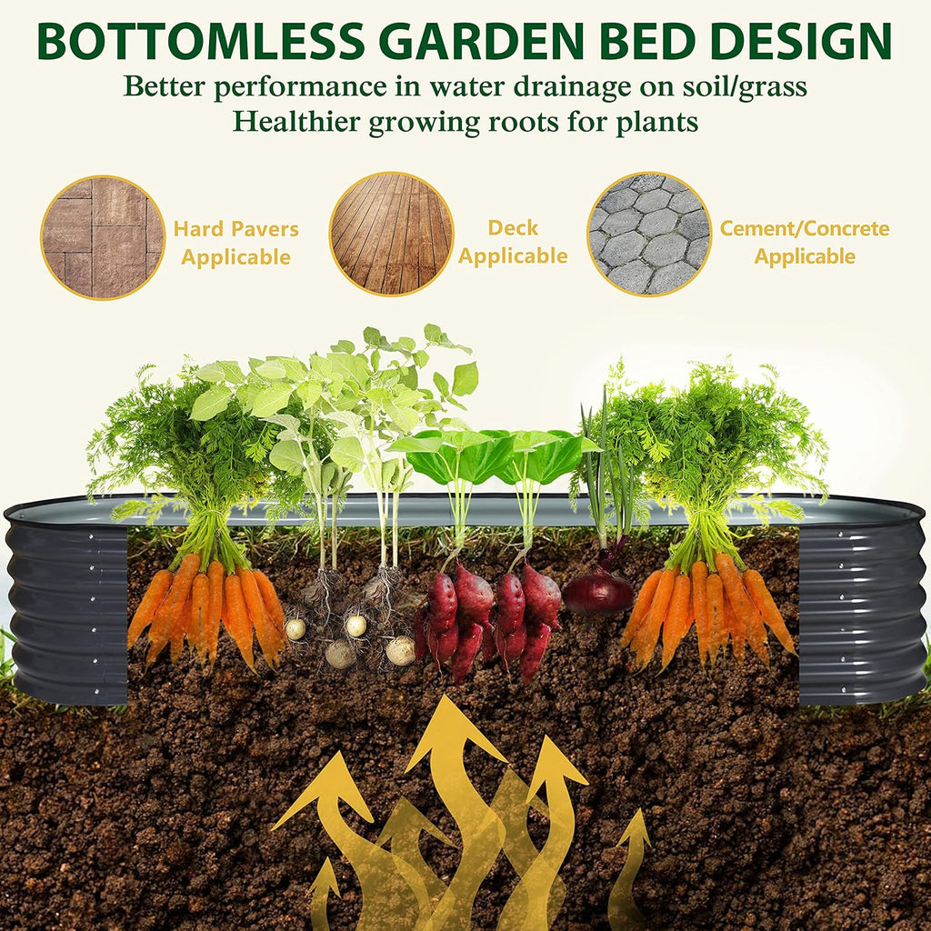 MUPATER 8ftx2ftx1.4ft Raised Garden Bed Outdoor for Vegetables, 9-in-1 Galvanized Metal Planter Box, 17''H Modular Garden Bed Kit Oval for Herbs and Flowers, Grey