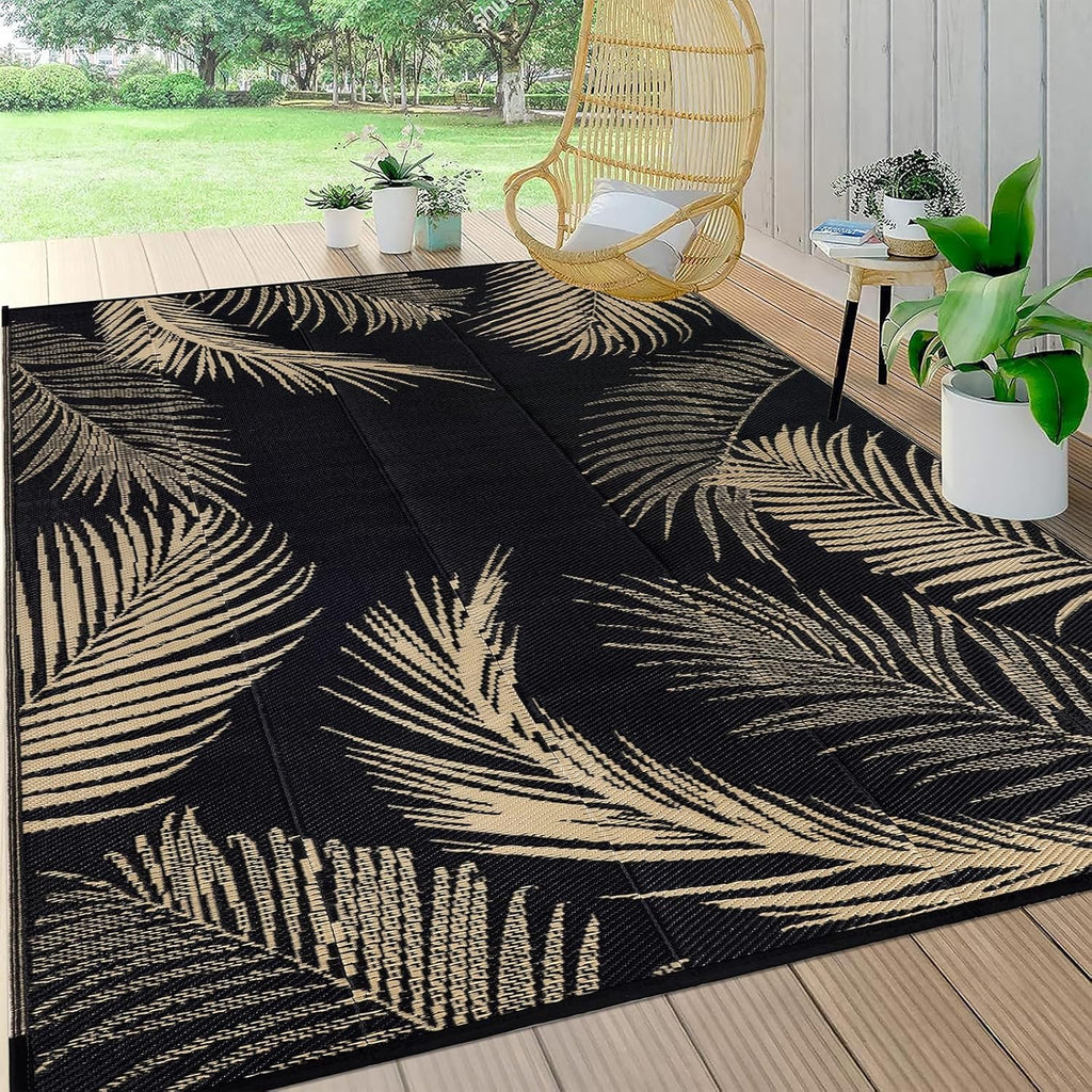 Pauwer Waterproof Outdoor Rug 8x10, Reversible Plastic Straw Patio Camping Rug, Indoor Outdoor RV Mat Carpet for Deck, Camper, Porch, Balcony, Backyard, Picnic, Leaf Black Brown