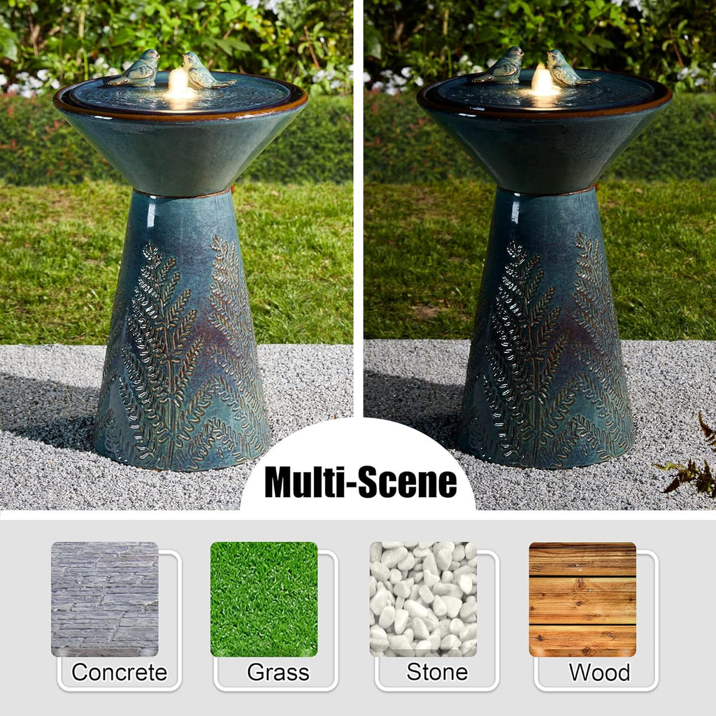 Glitzhome 27.5" H Outdoor Garden Water Fountain with LED Light and Pump, Turquoise Two Birds Embossed Pattern Pedestal Ceramic Floor-Standing Water Fountain for Yard Floor Patio Backyard