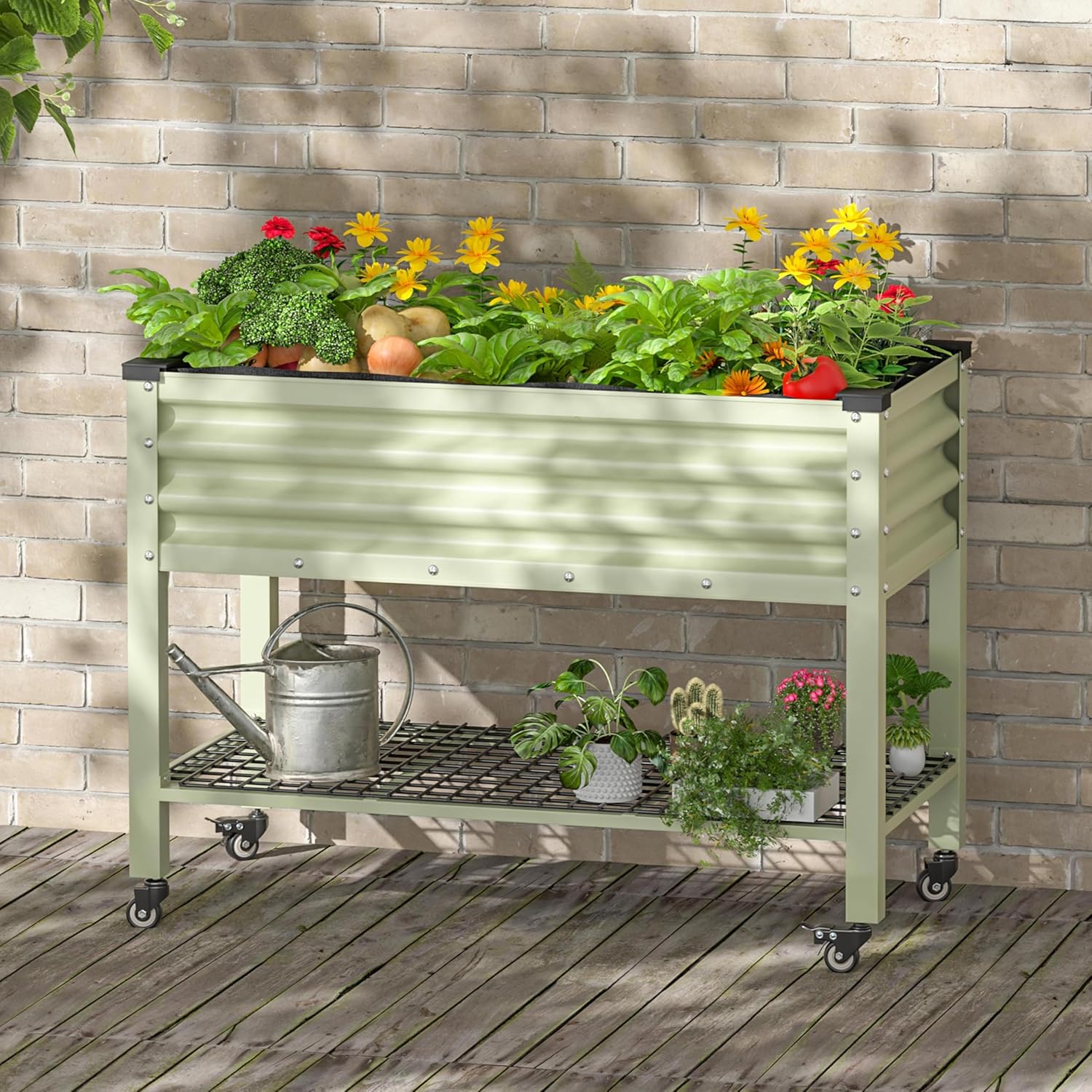 MUPATER 47.8" L x 23.5" W x 33.5" H Galvanized Steel Raised Garden Bed, 507lbs Capacity Large Metal Elevated Raised Planter Box with Rolling Casters & Extra Bottom Shelf for Patio, Balcony, Beige