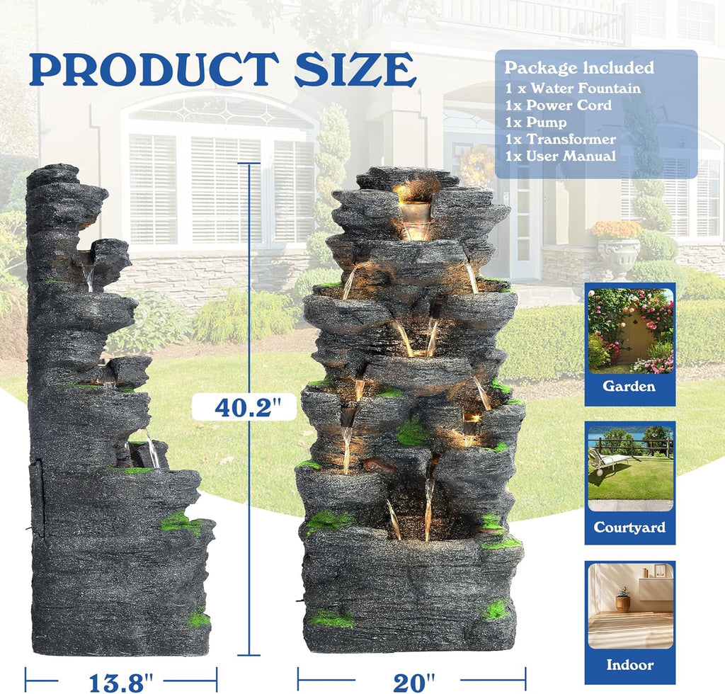 40" H 10-Tiers Cascading Rock Water Fountain Outdoor - Waterfalls Fountains with LED Lights, Outdoor/Indoor Resin Fountain for Patio, Garden, Backyard, Deck, Porch, Home Art Docor(40''H)