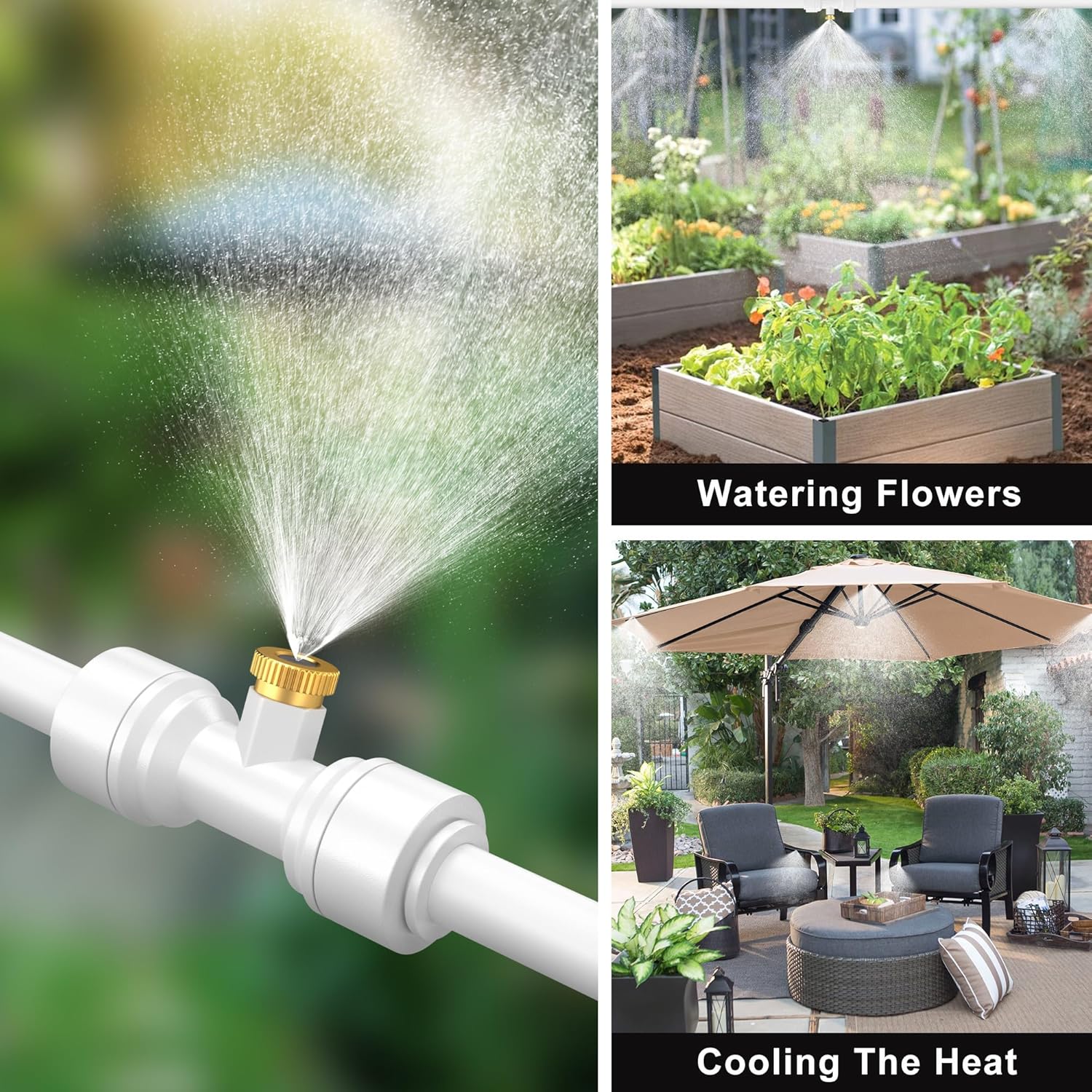 Misting Systems White, Outside Patio Misters, 100FT Misting Cooling System+30 Brass Mister System+2 PE Antioxidant Adapters 3/4"+2 Tee Adapters+2 90 Degree Elbows for Pasture&Garden&Gazebo (White)