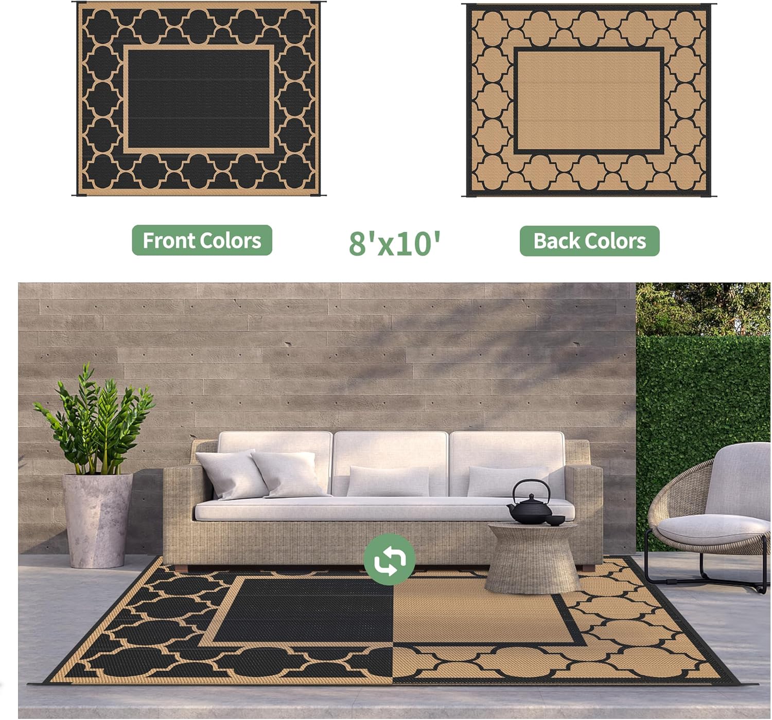 GENIMO Outdoor Rug 8' x 10' Patio Waterproof, Foldable Reversible Plastic Straw Area Rugs Mat for Camper Decor, Outside Carpet for Rv, Deck, Porch, Picnic, Beach, Balcony, Black & Brown