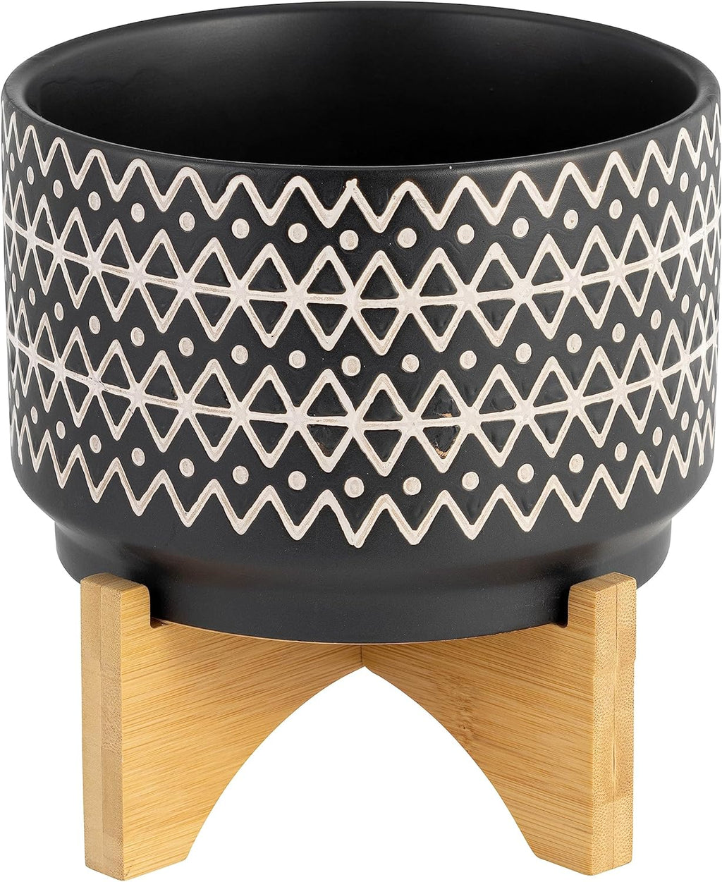 Ceramic Planter with Bamboo Stand – Modern Plant Pot with Geometric Pattern – Durable Stoneware Plant Holder for Indoor & Outdoor Plants – Stylish Boho Home Decor – 8", Black